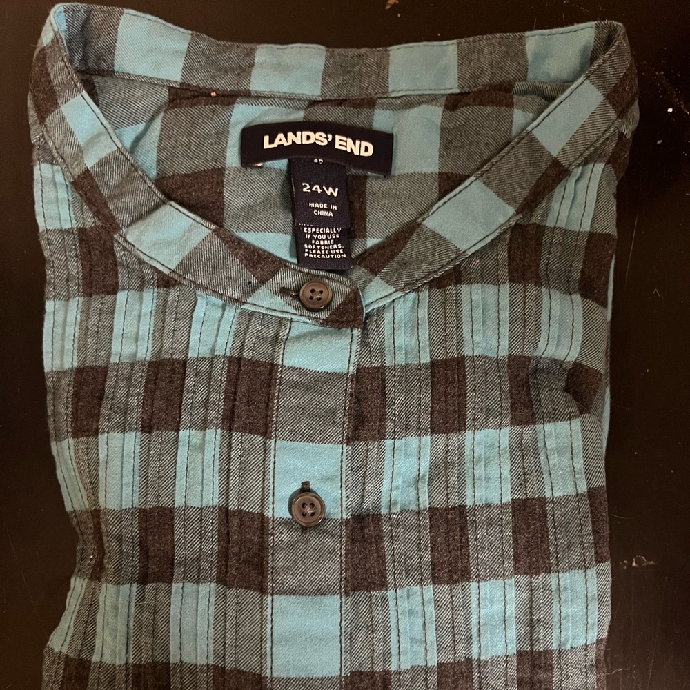 Lands End 24W 3/4 length sleeve blue and black Buffalo plaid shirt